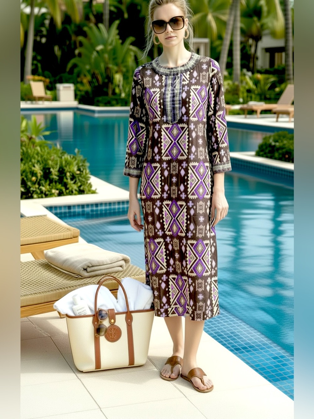 Tory Burch Printed Tunic Dress Purple Brown Geometric Embroidered Neck Size 4